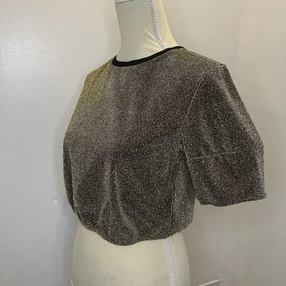 Forever 21 Gold Shimmer Puff Sleeve Crop Top Dress Shirt Size S Sparkle Glam - Picture 8 of 12
